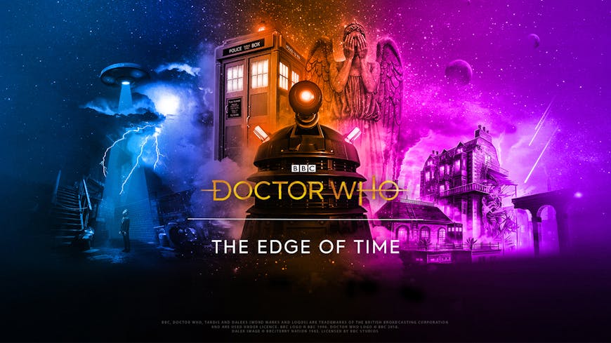 Doctor Who: The Edge of Time key art with the TARDIS, Dalek, and Weeping Angel