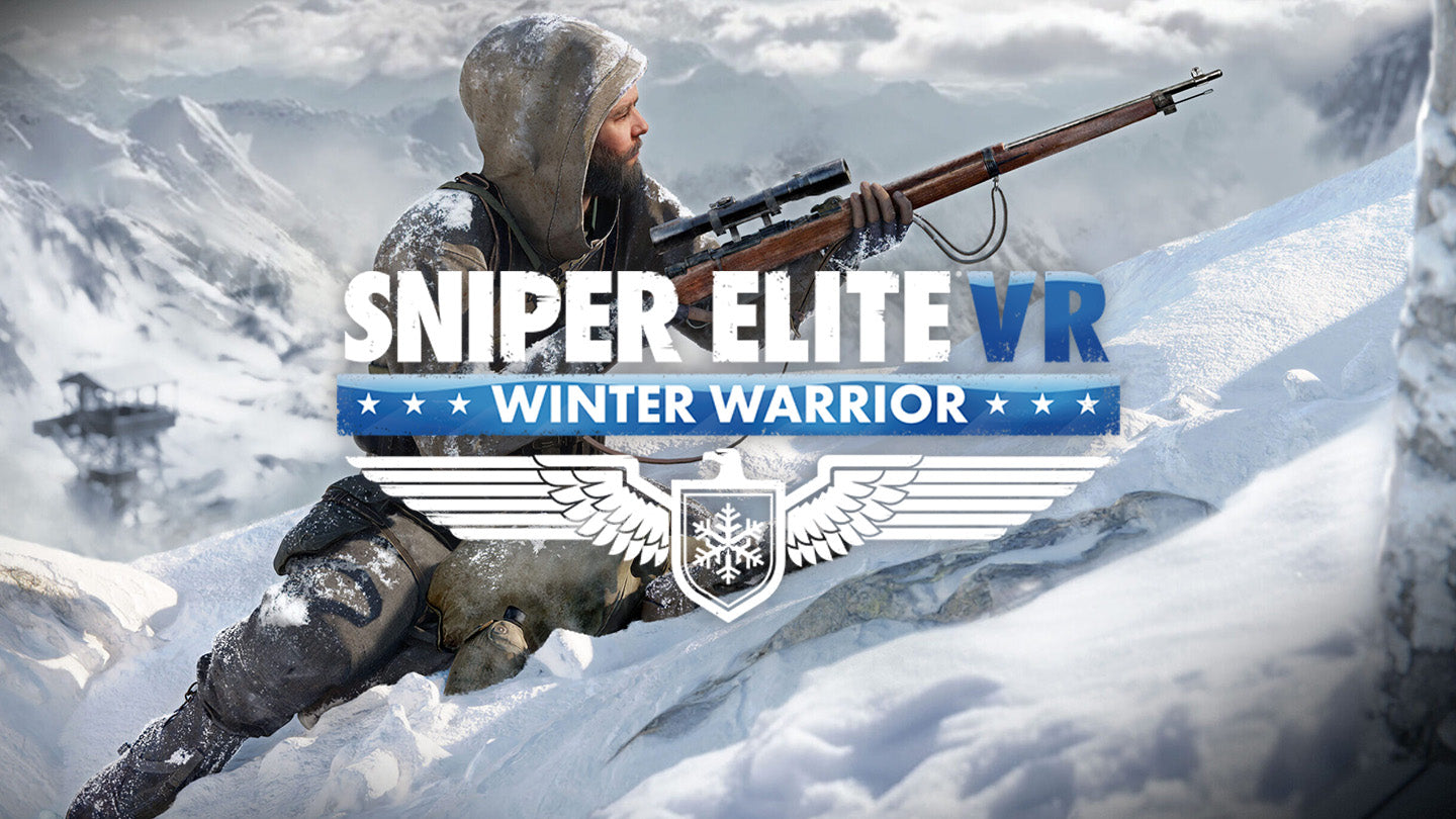 Sniper Elite VR: Winter Warrior key art showing a sniper in snowy mountains