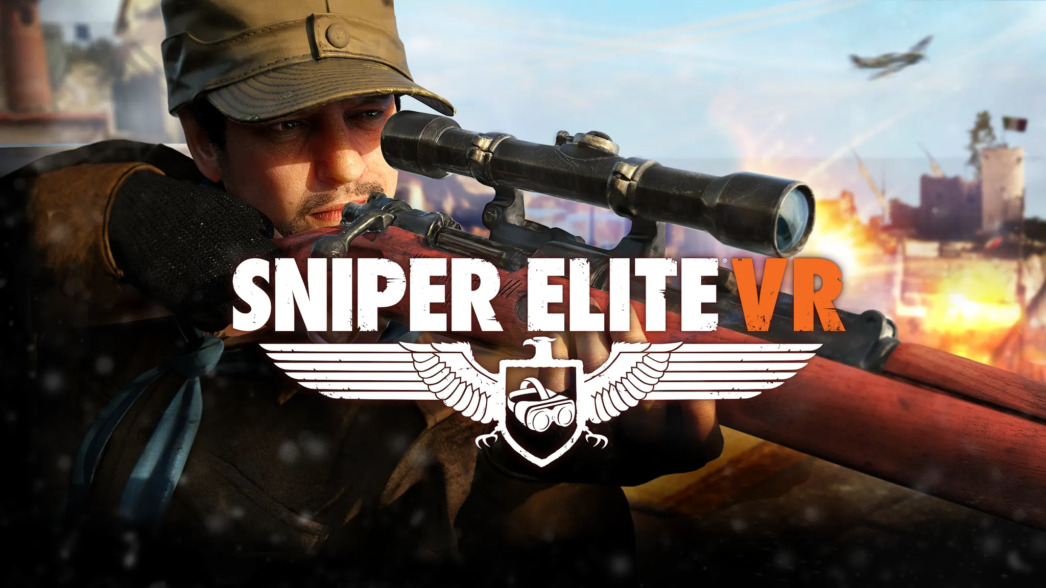 Sniper Elite VR key art showing a soldier aiming a scoped rifle
